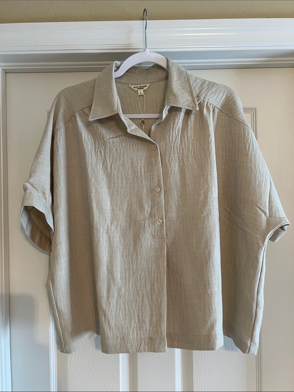 Max Studio Light Beige Short-Sleeve Button Front Shirt